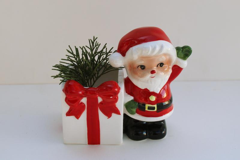 photo of 1970s vintage Enesco Japan Christmas planter, tiny pot gift box w/ waving Santa #1