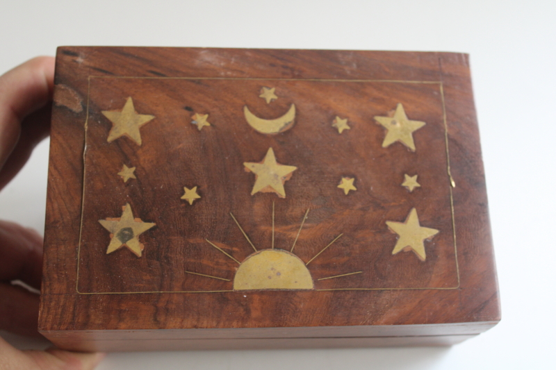 photo of 1970s vintage India teak box with brass inlay, celestial sun, moon and stars  #2