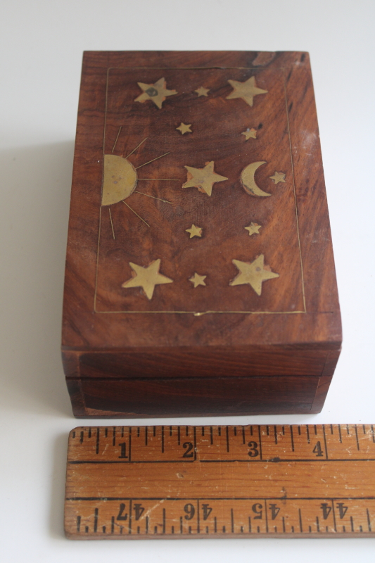 photo of 1970s vintage India teak box with brass inlay, celestial sun, moon and stars  #4