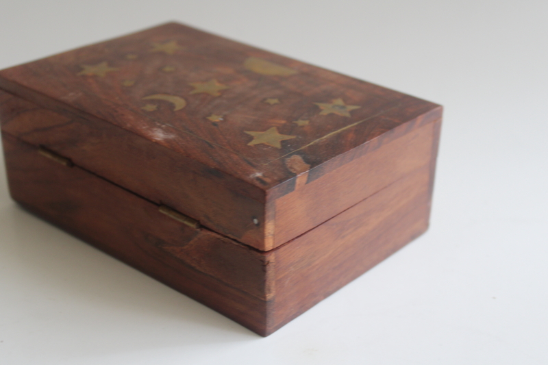 photo of 1970s vintage India teak box with brass inlay, celestial sun, moon and stars  #5