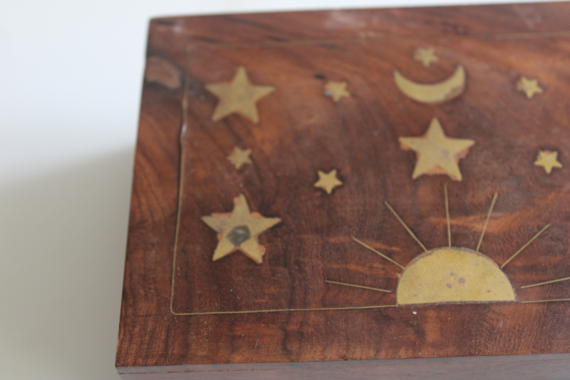 photo of 1970s vintage India teak box with brass inlay, celestial sun, moon and stars  #6