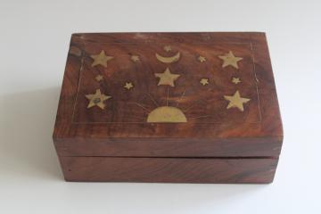 catalog photo of 1970s vintage India teak box with brass inlay, celestial sun, moon and stars 