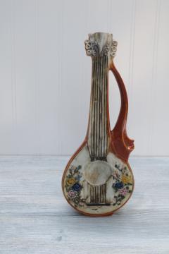 catalog photo of 1970s vintage Italian ceramic liquor decanter, flowery mandolin or lute wine bottle vase