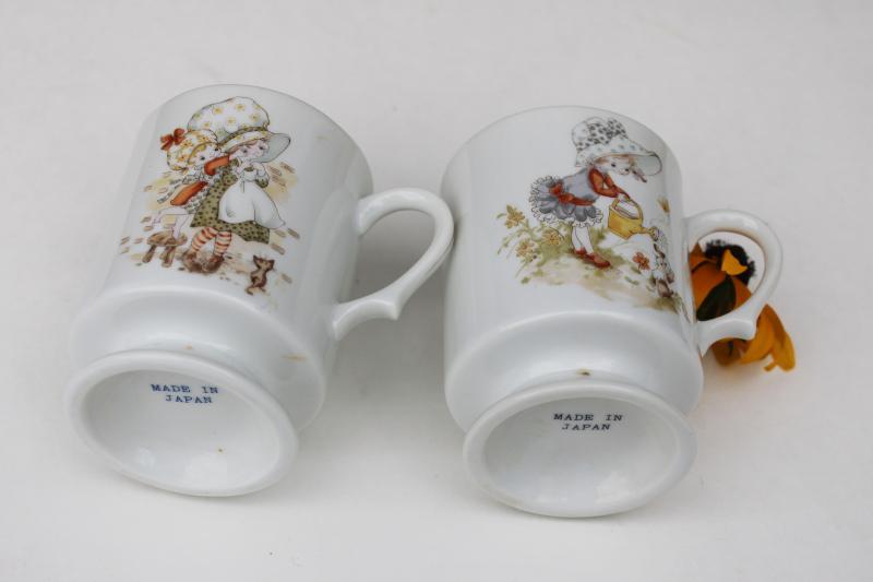 photo of 1970s vintage Japan mugs, Holly Hobbie style little girls in big bonnets #2