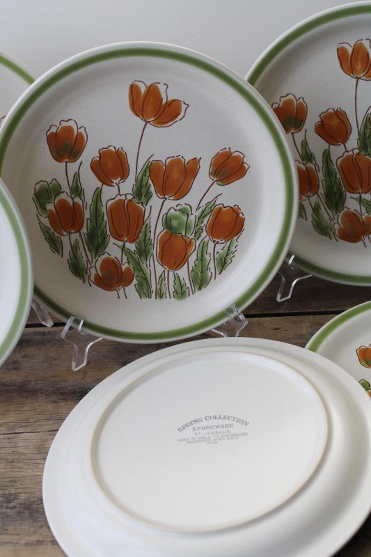 photo of 1970s vintage Japan stoneware dinner plates Meadowbrook Spring tulips orange / green #3