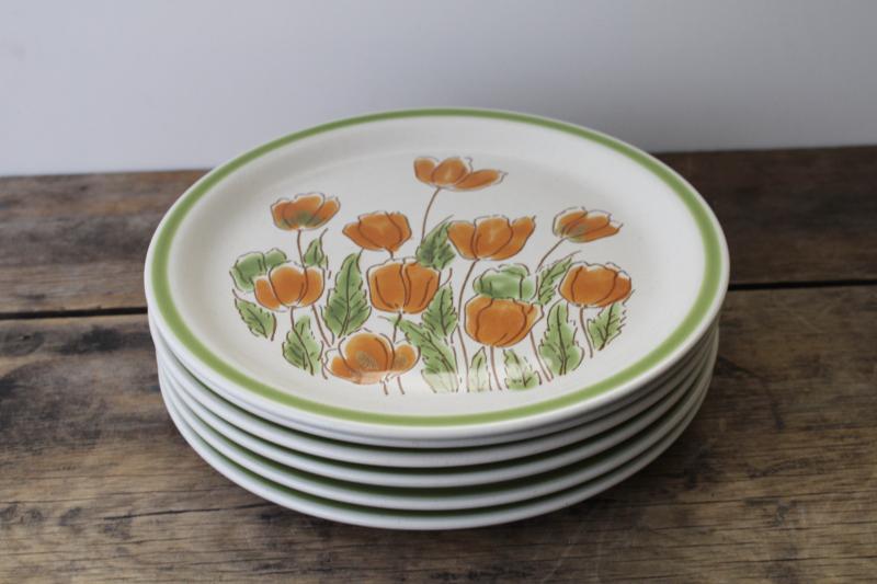 photo of 1970s vintage Japan stoneware dinner plates Meadowbrook Spring tulips orange / green #7