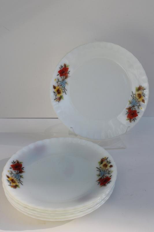 photo of 1970s vintage Korea milk glass plates w/ bright flowers, Fire King type glasswa #1