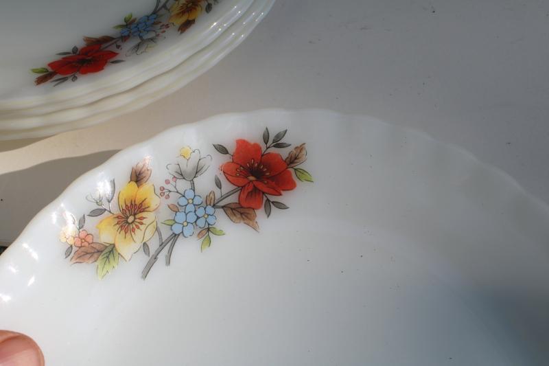 photo of 1970s vintage Korea milk glass plates w/ bright flowers, Fire King type glasswa #5