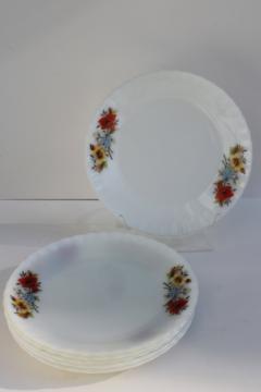 catalog photo of 1970s vintage Korea milk glass plates w/ bright flowers, Fire King type glasswa