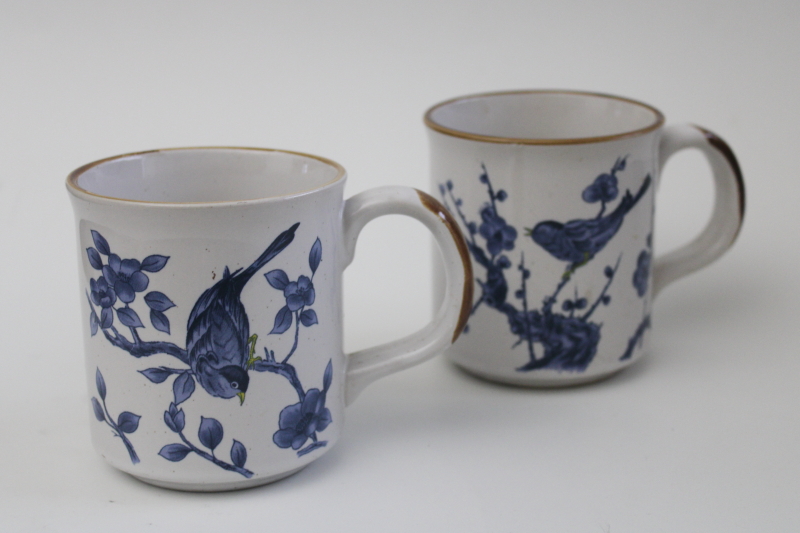 photo of 1970s vintage Korea stoneware pottery mugs, birds on flowering trees blue chinoiserie floral  #1