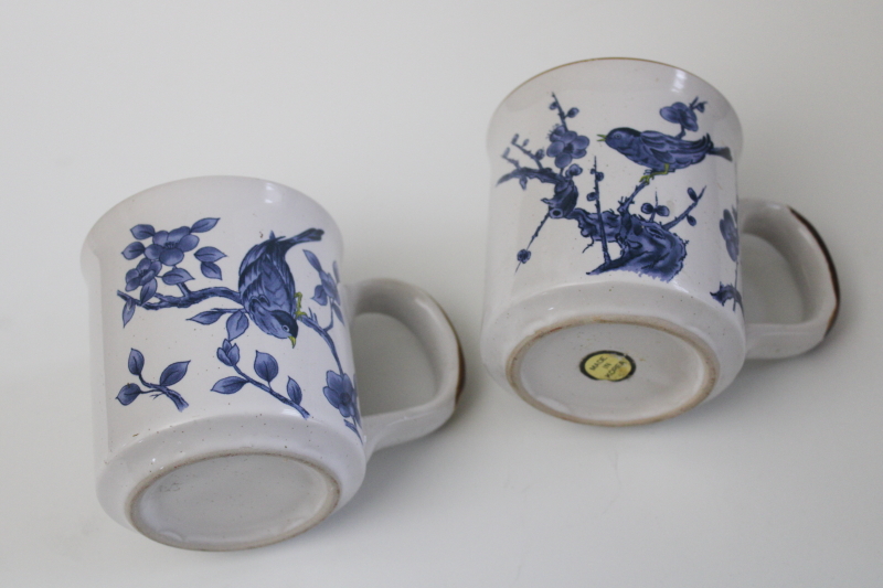 photo of 1970s vintage Korea stoneware pottery mugs, birds on flowering trees blue chinoiserie floral  #2