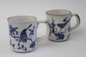 1970s vintage Korea stoneware pottery mugs, birds on flowering trees blue chinoiserie floral 