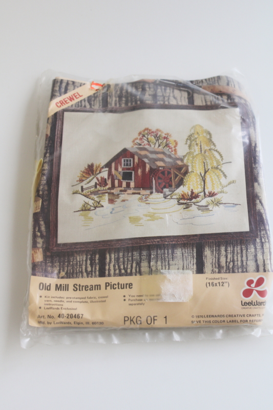 photo of 1970s vintage Lee Wards crewel embroidery kit, rustic old mill waterwheel barn  #1