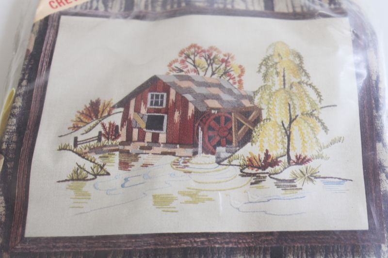 photo of 1970s vintage Lee Wards crewel embroidery kit, rustic old mill waterwheel barn  #2