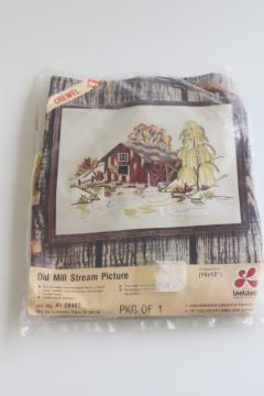 1970s vintage Lee Wards crewel embroidery kit, rustic old mill waterwheel barn 