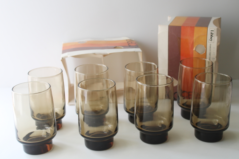 photo of 1970s vintage Libbey Accent glasses, tawny smoke brown glass tumblers in original boxes  #1