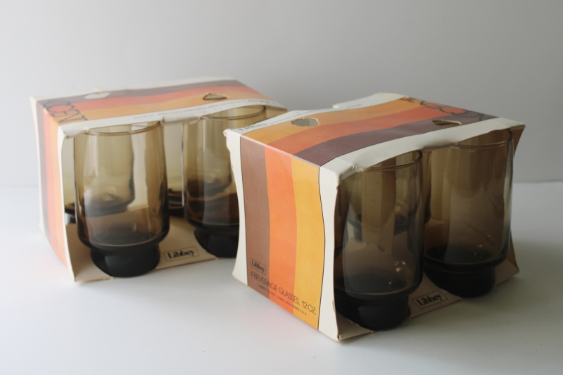 photo of 1970s vintage Libbey Accent glasses, tawny smoke brown glass tumblers in original boxes  #7