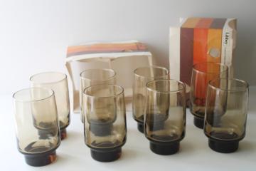 catalog photo of 1970s vintage Libbey Accent glasses, tawny smoke brown glass tumblers in original boxes 