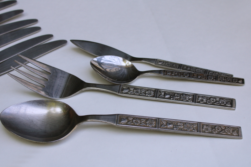 photo of 1970s vintage Northland Japan stainless flatware Spring Fever mod floral pattern Oneida set #3