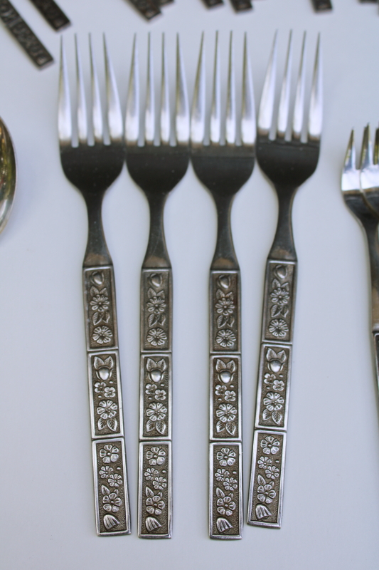 photo of 1970s vintage Northland Japan stainless flatware Spring Fever mod floral pattern Oneida set #4