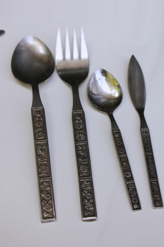 photo of 1970s vintage Northland Japan stainless flatware Spring Fever mod floral pattern Oneida set #10