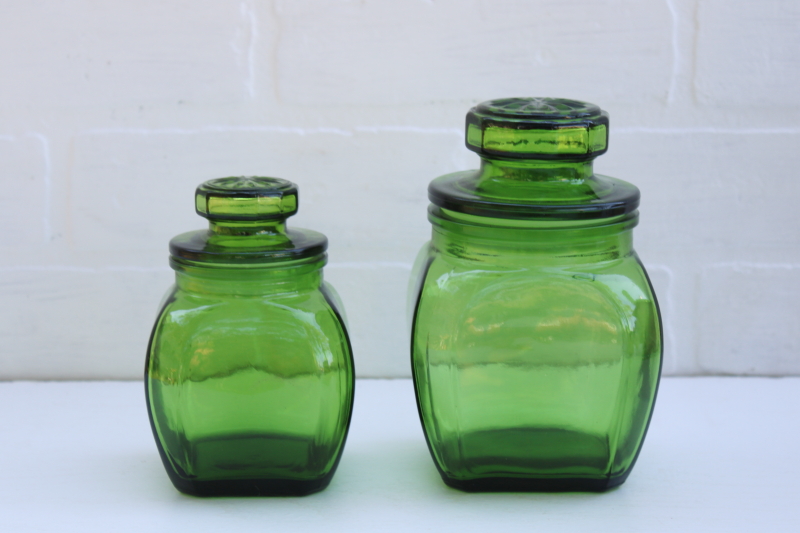 photo of 1970s vintage Wheaton green glass canisters, apothecary jars w/ good plastic seals, retro kitchen #1