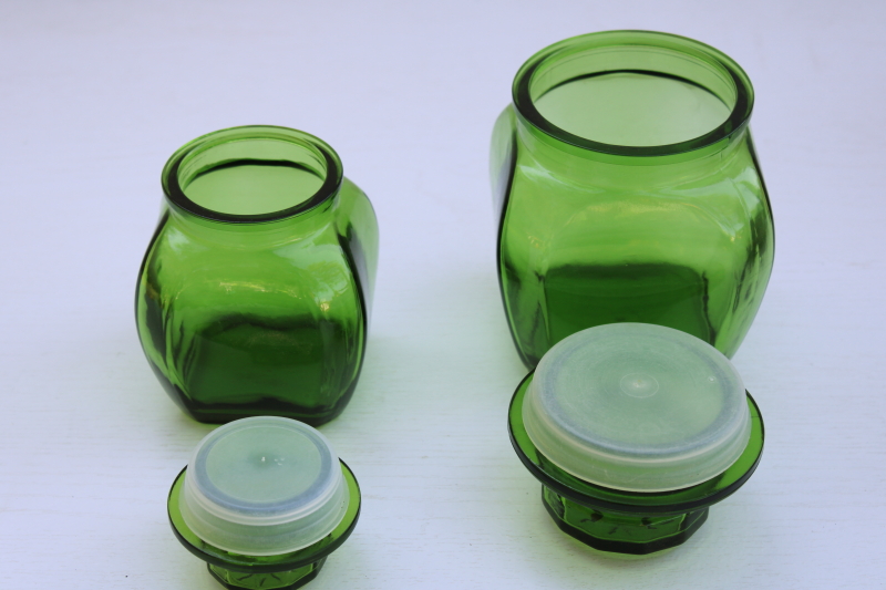 photo of 1970s vintage Wheaton green glass canisters, apothecary jars w/ good plastic seals, retro kitchen #2