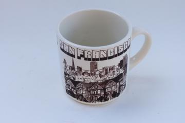 catalog photo of 1970s vintage ceramic mug, San Francisco skyline graphics Taylor & Ng style