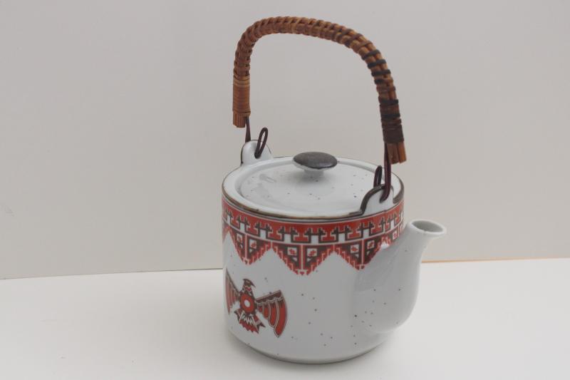 photo of 1970s vintage ceramic teapot w/ Indian thunderbird design, made in Japan stoneware #2