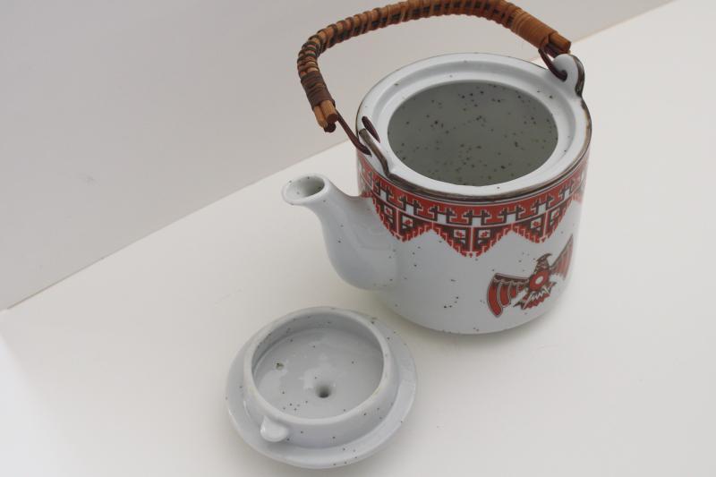 photo of 1970s vintage ceramic teapot w/ Indian thunderbird design, made in Japan stoneware #5