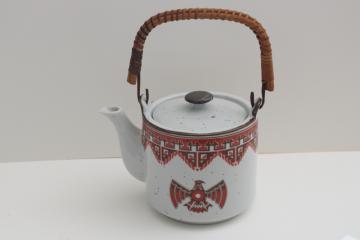 catalog photo of 1970s vintage ceramic teapot w/ Indian thunderbird design, made in Japan stoneware