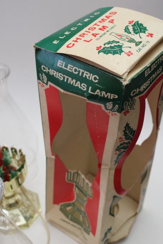 photo of 1970s vintage flame bulb electric Christmas lights, old fashioned hurricane lamps w/ plastic holly  #3