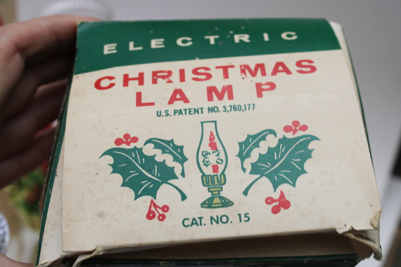 photo of 1970s vintage flame bulb electric Christmas lights, old fashioned hurricane lamps w/ plastic holly  #4
