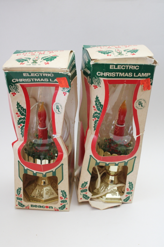 photo of 1970s vintage flame bulb electric Christmas lights, old fashioned hurricane lamps w/ plastic holly  #6