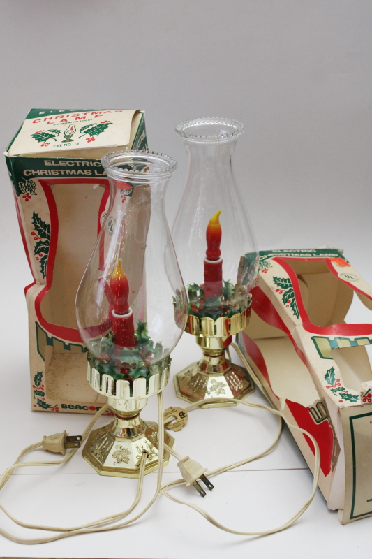 photo of 1970s vintage flame bulb electric Christmas lights, old fashioned hurricane lamps w/ plastic holly  #7