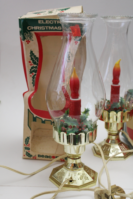 photo of 1970s vintage flame bulb electric Christmas lights, old fashioned hurricane lamps w/ plastic holly  #9