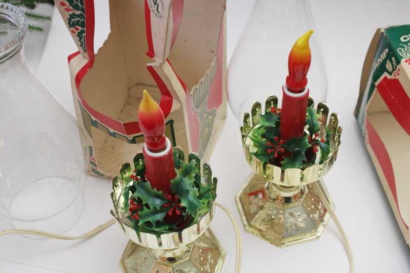 photo of 1970s vintage flame bulb electric Christmas lights, old fashioned hurricane lamps w/ plastic holly  #11