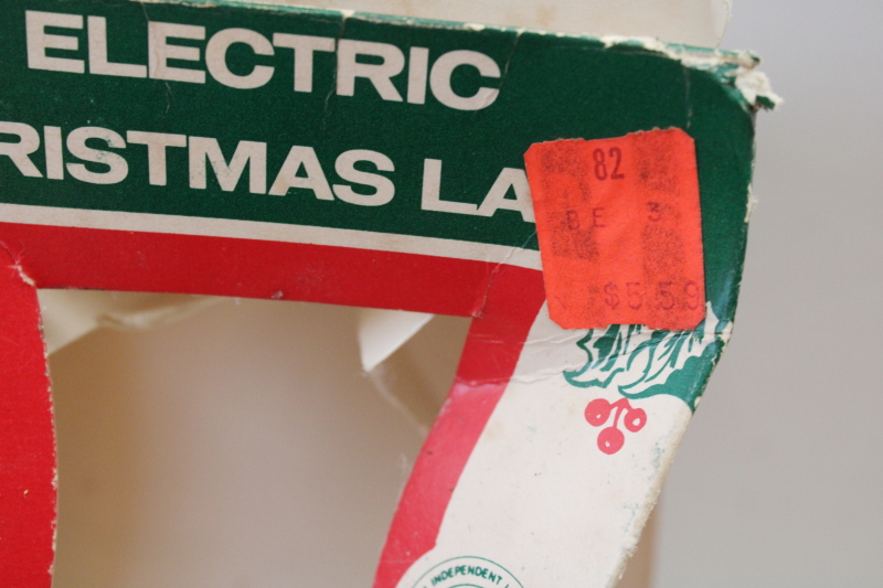 photo of 1970s vintage flame bulb electric Christmas lights, old fashioned hurricane lamps w/ plastic holly  #13
