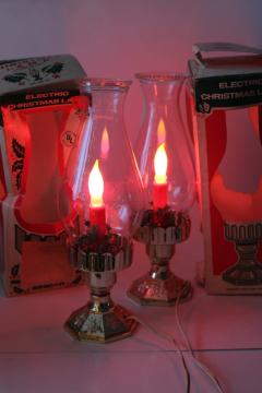 catalog photo of 1970s vintage flame bulb electric Christmas lights, old fashioned hurricane lamps w/ plastic holly 