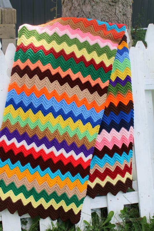 photo of 1970s vintage handmade crochet afghan, bright retro colors chevron stripes #1