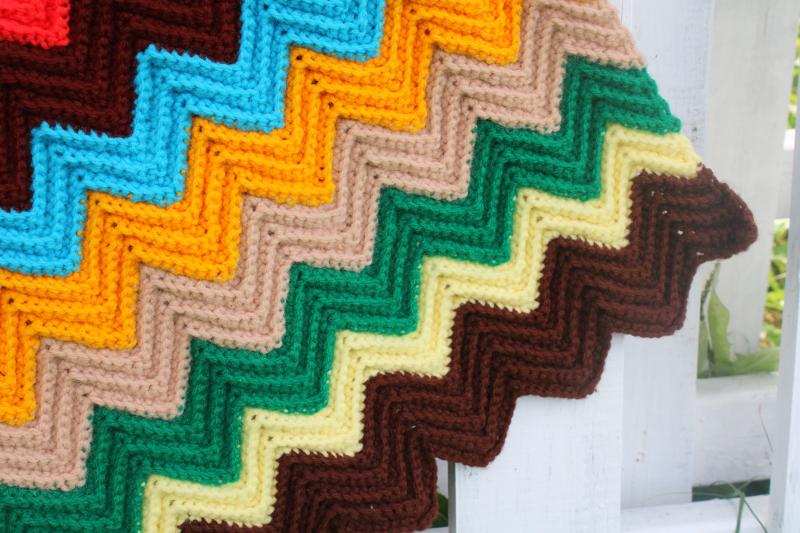 photo of 1970s vintage handmade crochet afghan, bright retro colors chevron stripes #3