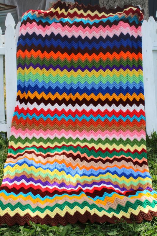 photo of 1970s vintage handmade crochet afghan, bright retro colors chevron stripes #5