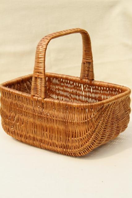 photo of 1970s vintage market baskets, mama & baby natural brown wicker rattan basket set #6