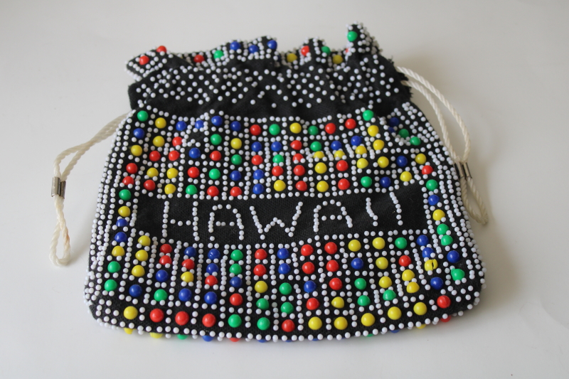 photo of 1970s vintage plastic beaded bag Hawaii souvenir, hippie festival drawstring pouch purse #1