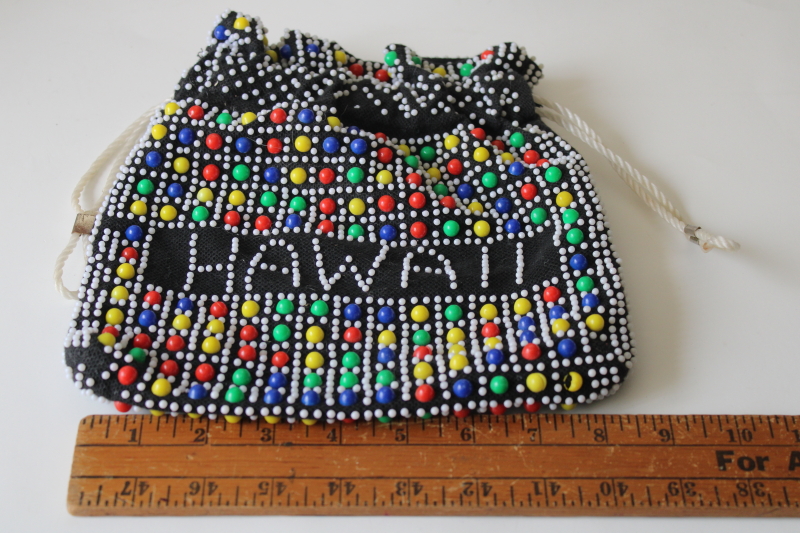 photo of 1970s vintage plastic beaded bag Hawaii souvenir, hippie festival drawstring pouch purse #2