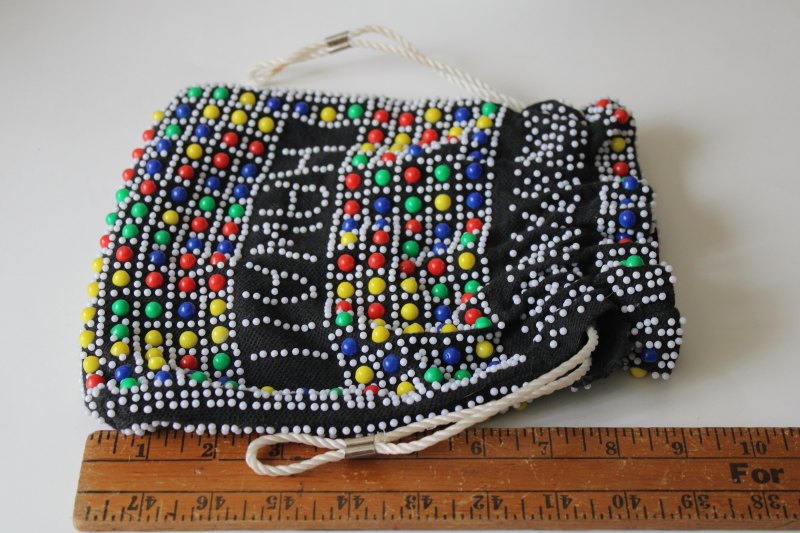 photo of 1970s vintage plastic beaded bag Hawaii souvenir, hippie festival drawstring pouch purse #6