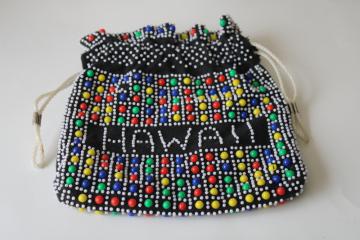 catalog photo of 1970s vintage plastic beaded bag Hawaii souvenir, hippie festival drawstring pouch purse