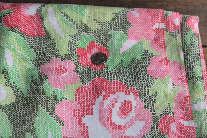 photo of 1970s vintage polyester fabric, silky poly w/ roses floral 'cross-stitch' print #1