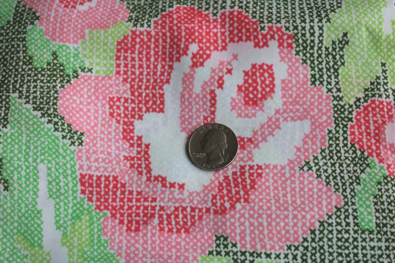 photo of 1970s vintage polyester fabric, silky poly w/ roses floral 'cross-stitch' print #3