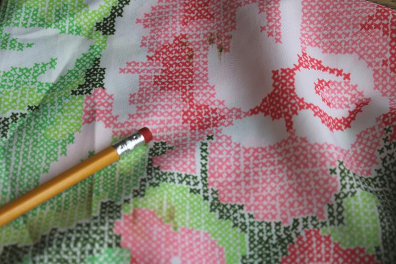 photo of 1970s vintage polyester fabric, silky poly w/ roses floral 'cross-stitch' print #5